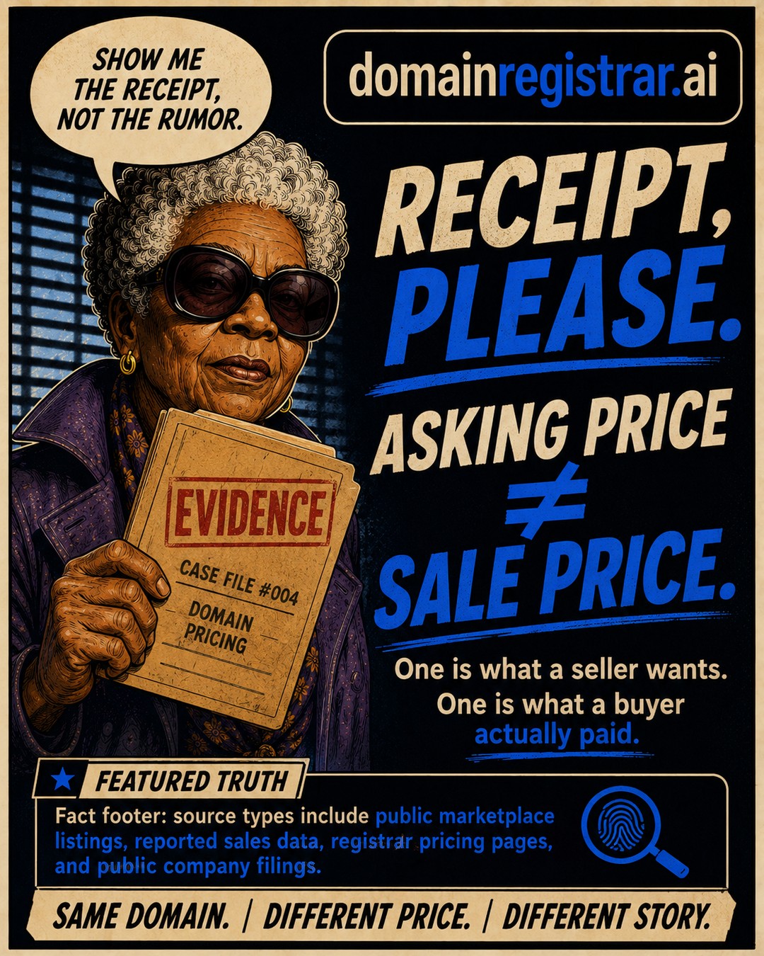 Case File #001, slide 5: Receipt, please — asking price ≠ sale price