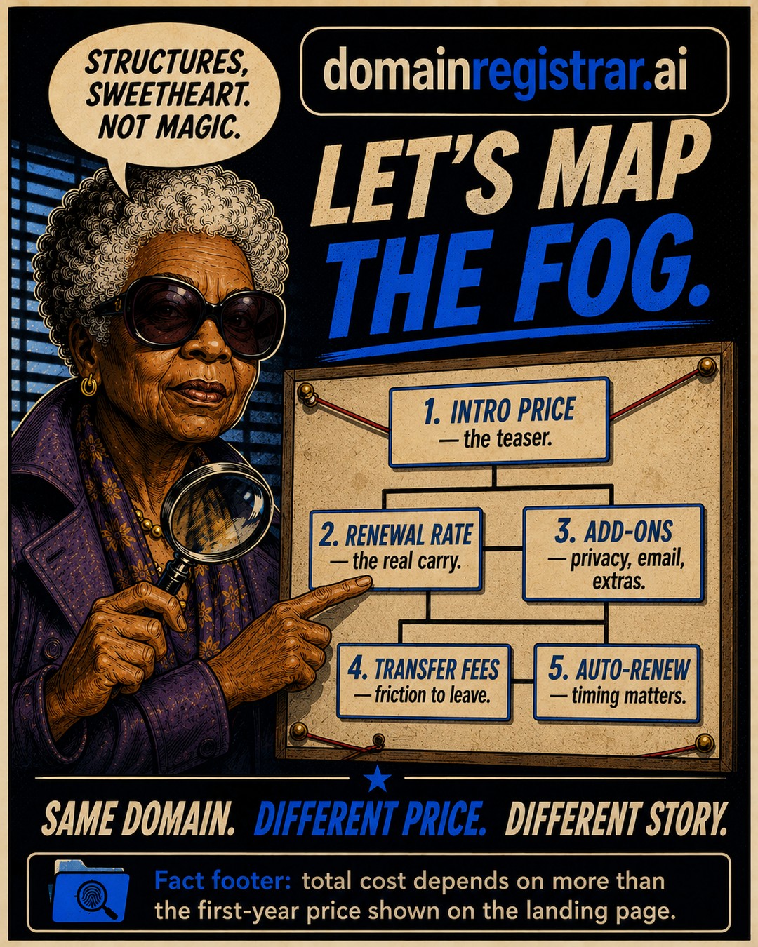 Case File #002, slide 3: Let's map the fog — intro price, renewal rate, add-ons, transfer fees, auto-renew